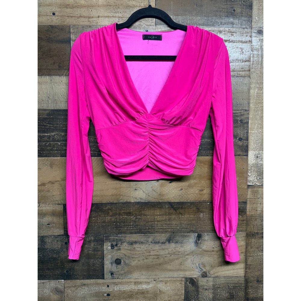 2 Saints Y2K Hot Pink Ruched V-Neck Long Sleeve Crop Top‎ Womens Small